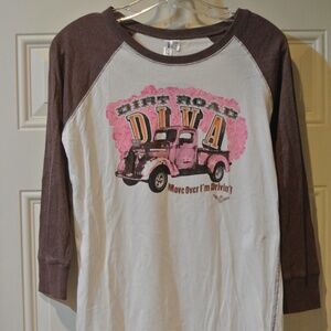 WOMENS LARGE WHITE/BROWN/PINK 3/4 SLEEVE DIRT ROAD DIVA TSHIRT